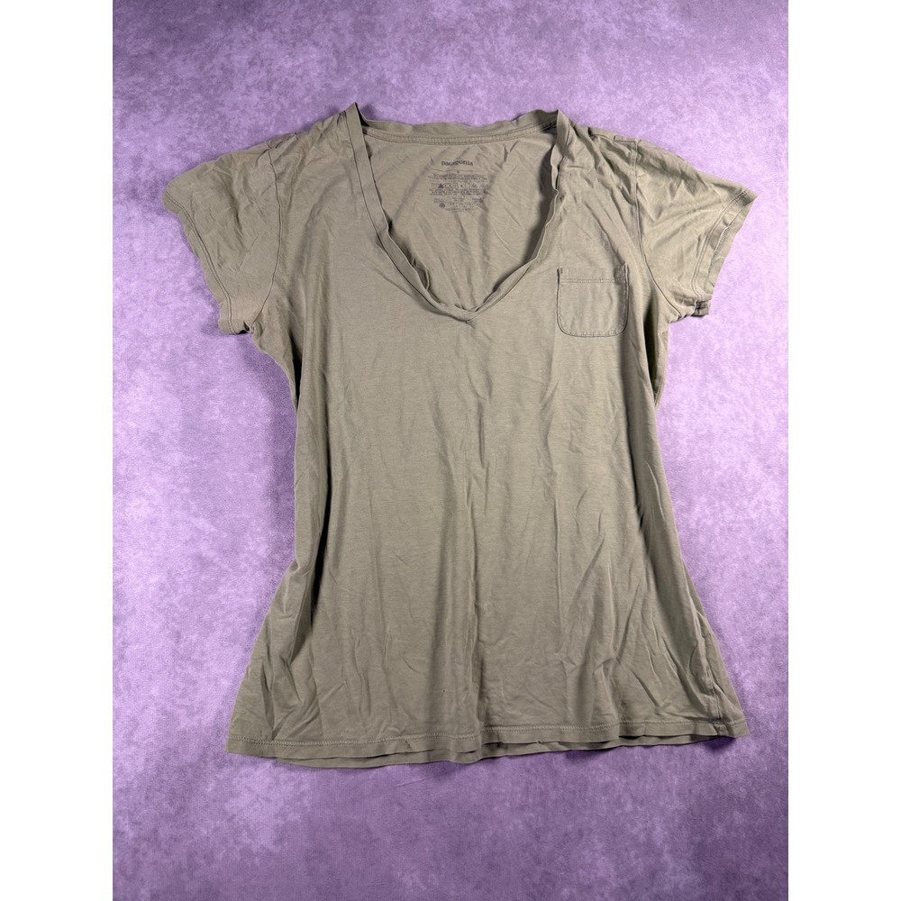 Patagonia Women's Medium Organic Cotton Blend V Neck Pocket Tee Olive Green